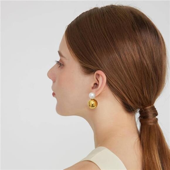 18K Gold-Plated Classic Pearl Drop Earrings – Semi-Round Studs & Ball Dangles - Picture 3 of 7